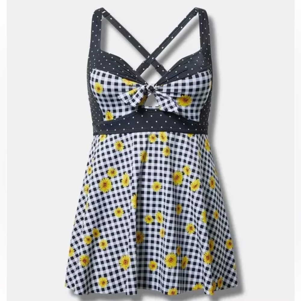 New!‎ Torrid sz 4 Roxy Dot Sunflowers Gingham Bright White Swim Bathing Suit 4X
